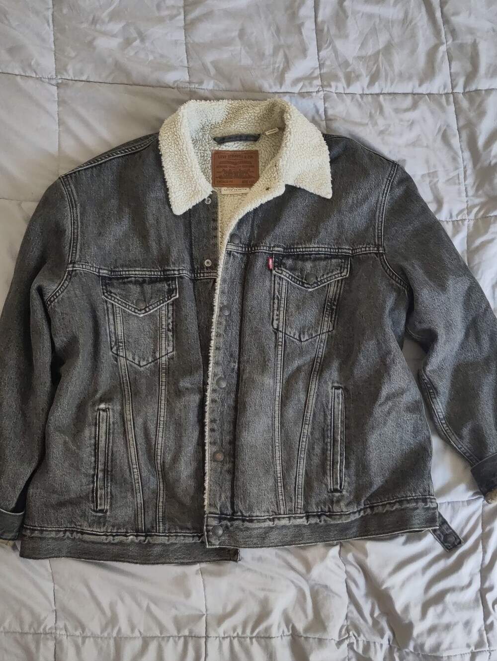 Levi's Heavy Padded Fleece Brown Grey Denim Jacket With Internal Pocket, XXL